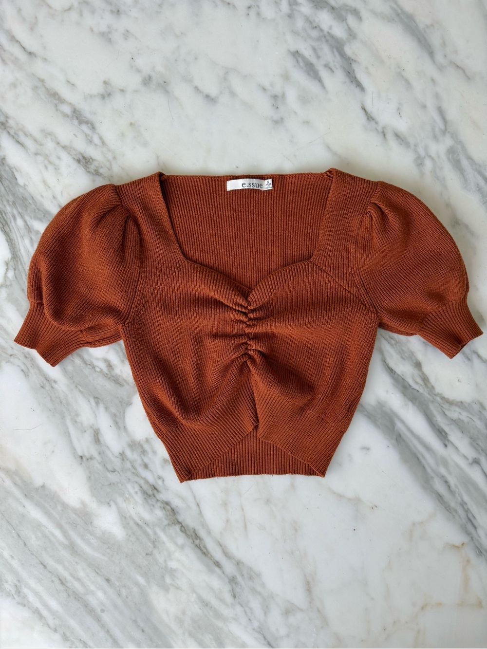 Rust Brown Ruched Sweetheart Puff Sleeve Knit Crop Top • Sz S
